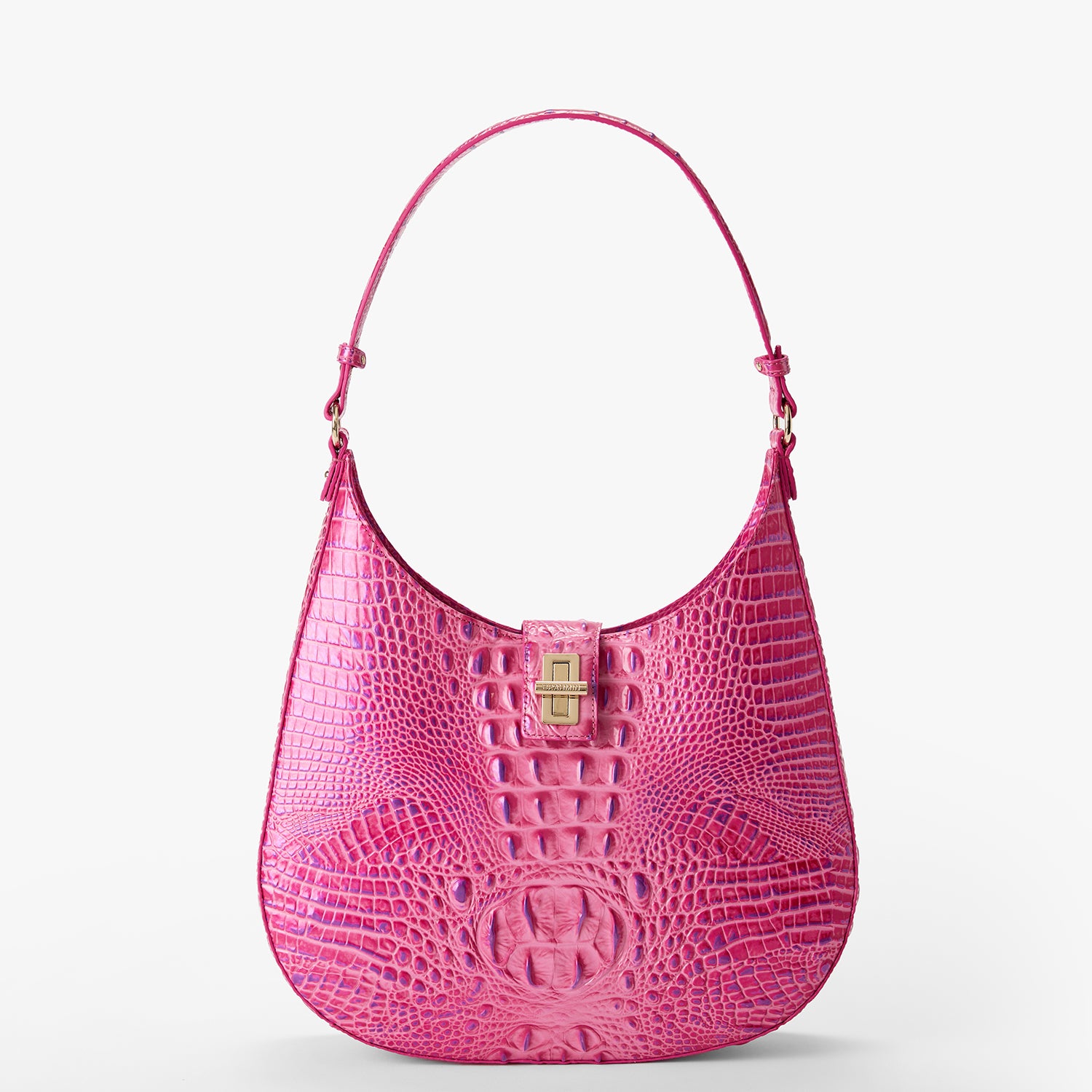 Fallon shoulder bag in vibrant Phlox Pink Melbourne leather with turn lock closure and embossed crocodile texture.
