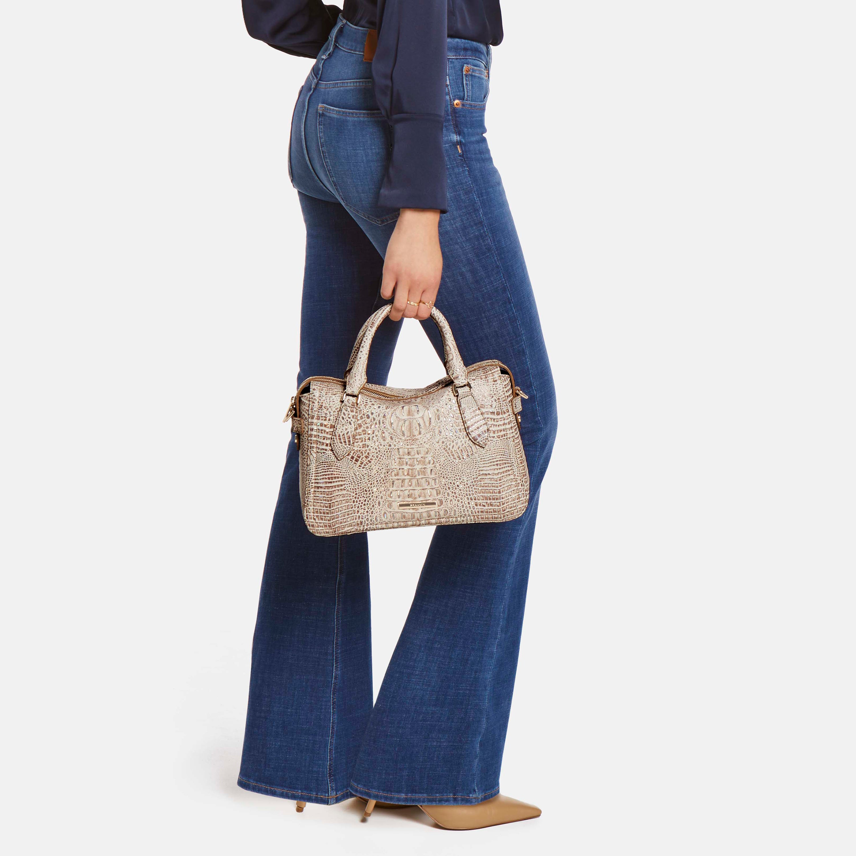 Tan Leather Micaela Satchel Being held by Woman