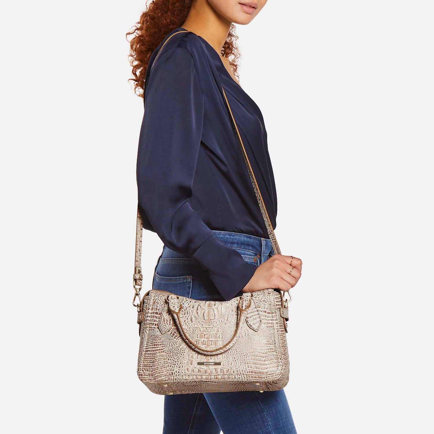 Tan Leather Micaela Satchel Being Worn By Model Over the Shoulder