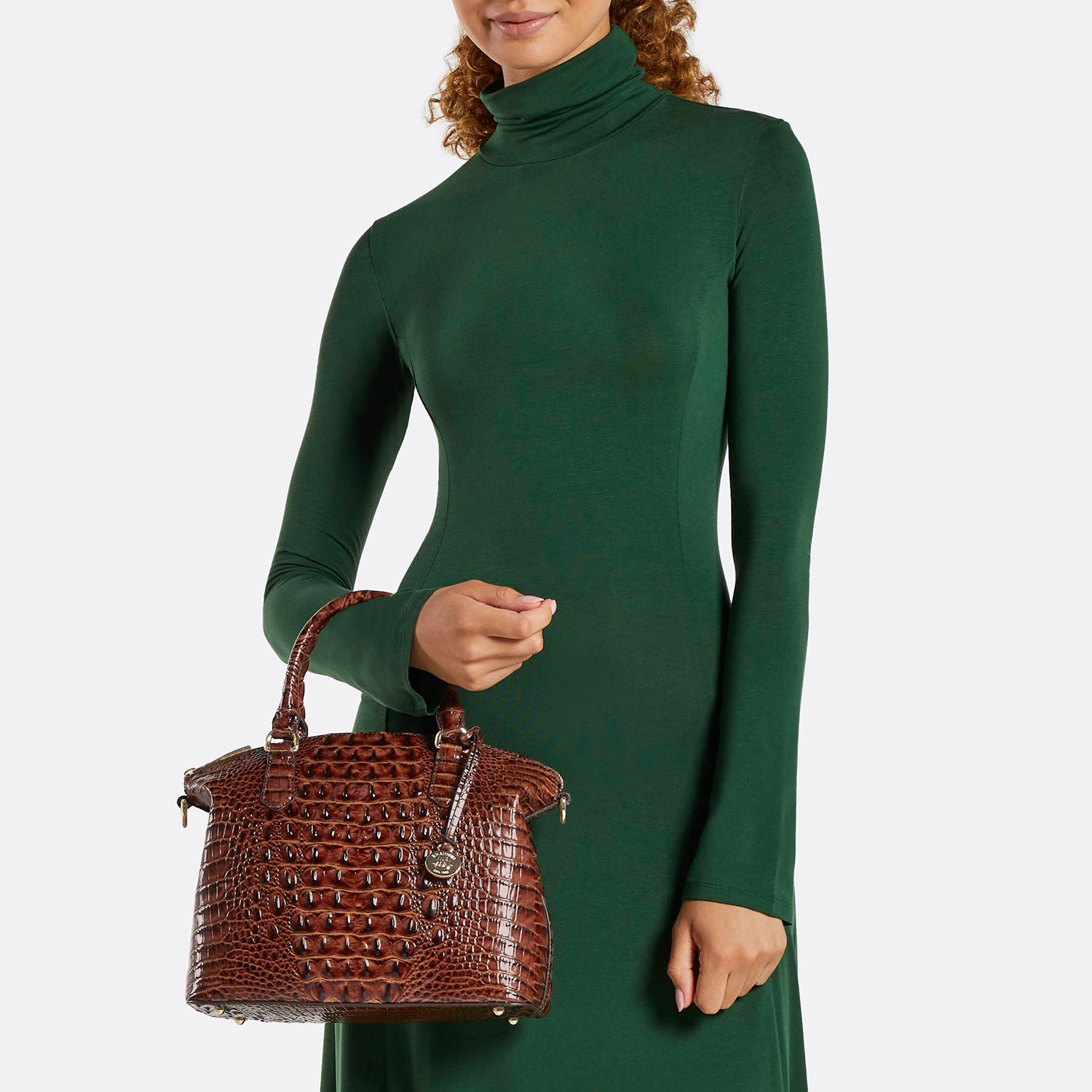 Pecan Melbourne Duxbury Satchel Front View On Model On Arm