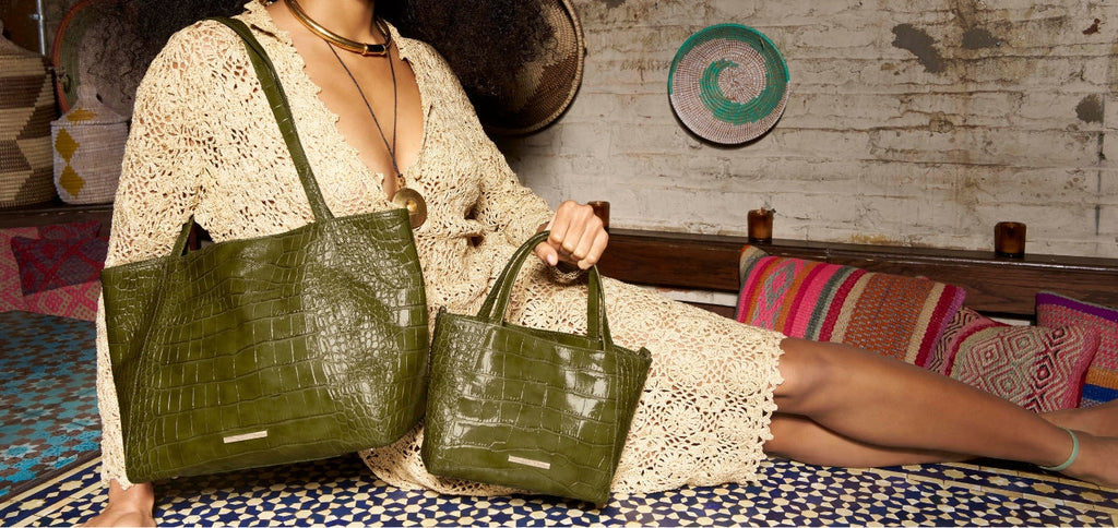 Olive green Brahmin croc embossed leather tote bag and matching satchel styled with a neutral crochet outfit