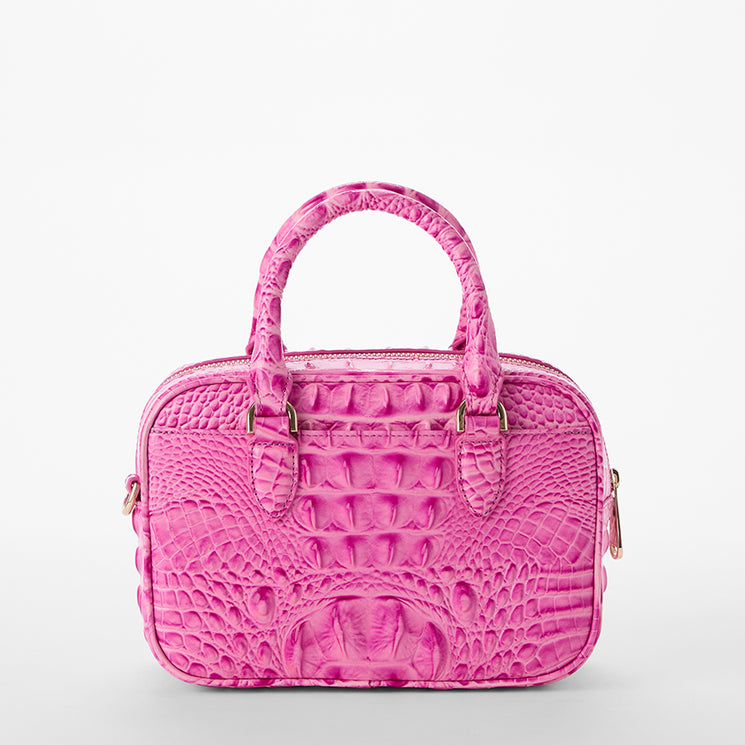 Pink textured Mara satchel handbag on a light gray background back view