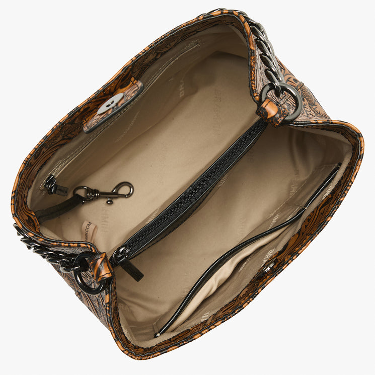 Brown patterned handbag with black accents on a white background. Mod Mini Amelia open top view.