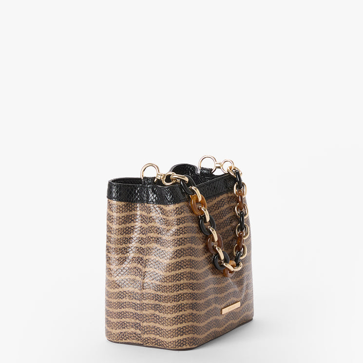 Patterned Mod Mini Amelia handbag with a chain handle on a white background. Side view.