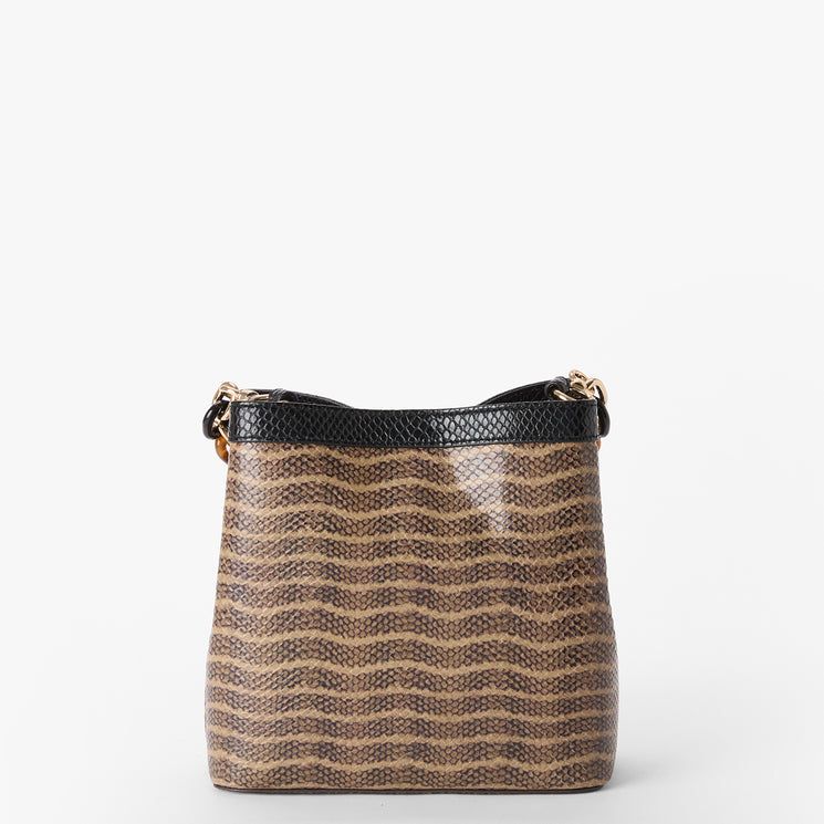 Patterned Mod Mini Amelia handbag with a chain handle on a white background. Back view.