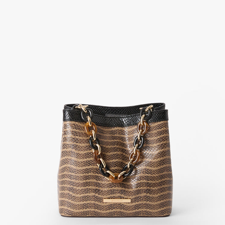 Patterned Mod Mini Amelia handbag with a chain handle on a white background. Front view.