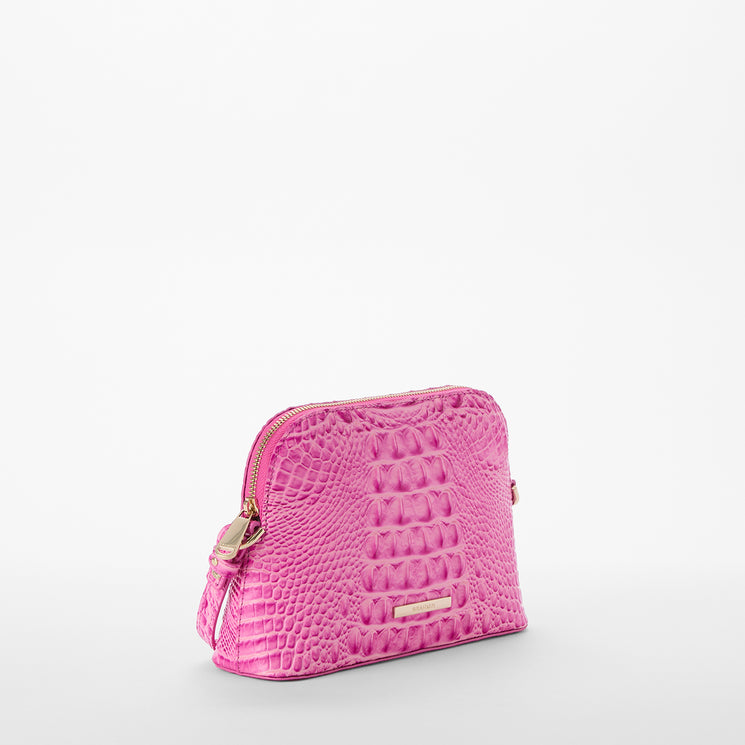 Pink textured pouch on a light gray background side view