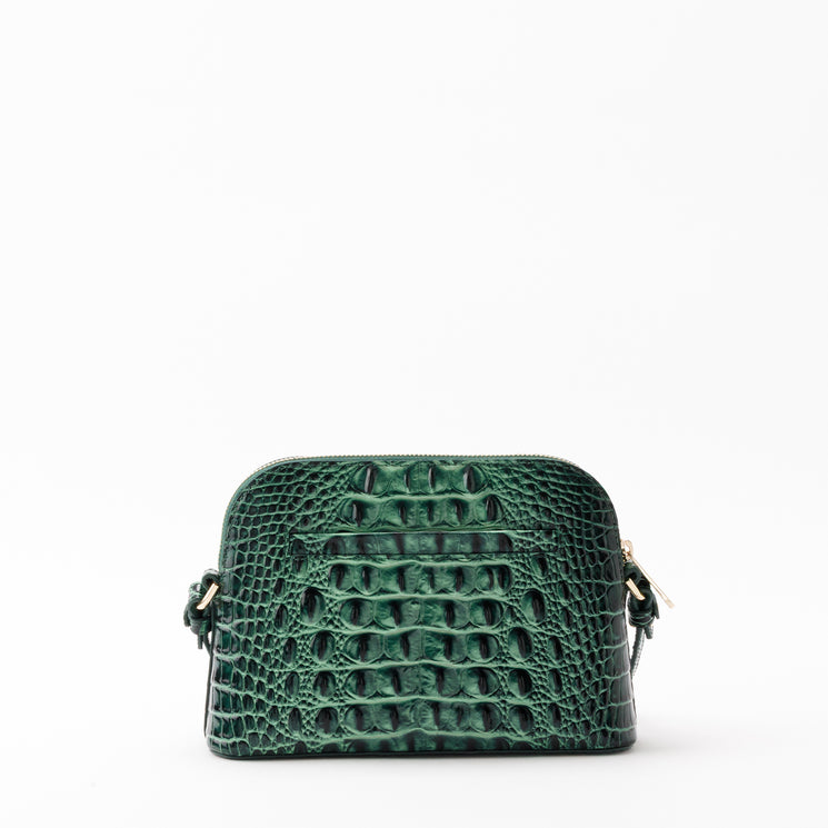 Brahmin Amal crossbody bag in forest green with a dome-shaped silhouette and textured, croc-embossed pattern.