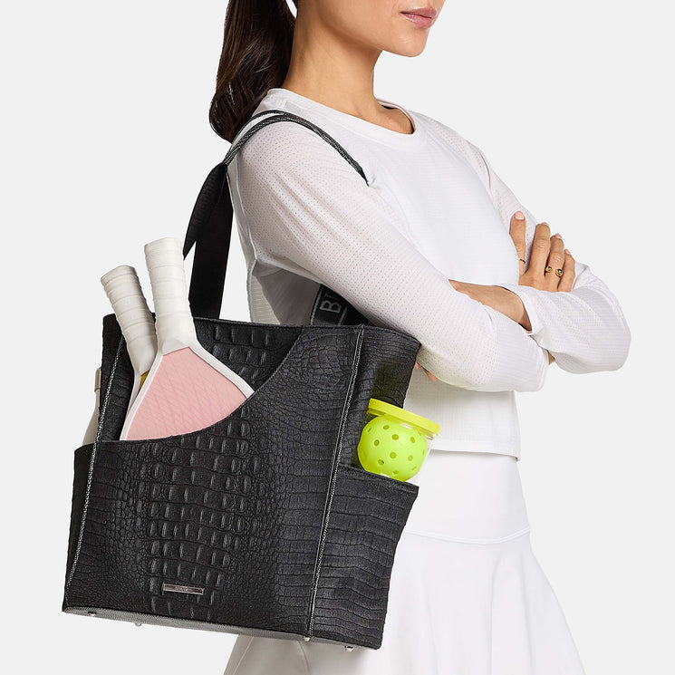 Black Brahmin Luxe Leisure Mollie Tote Being Worn By Model