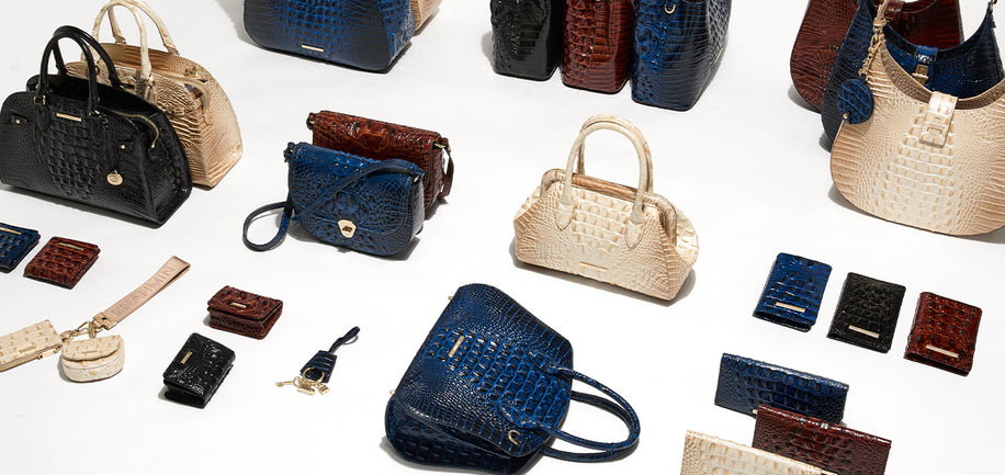 Collection of various handbags and wallets on a white background