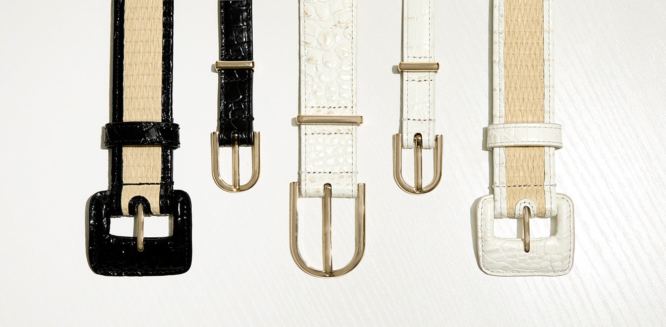 Sea Salt White Classic Croc Belt, Sea Salt White Classic Straw Belt, Sea Salt White Classic Vintage Croc Belt, Black Classic Straw Belt Group Shot