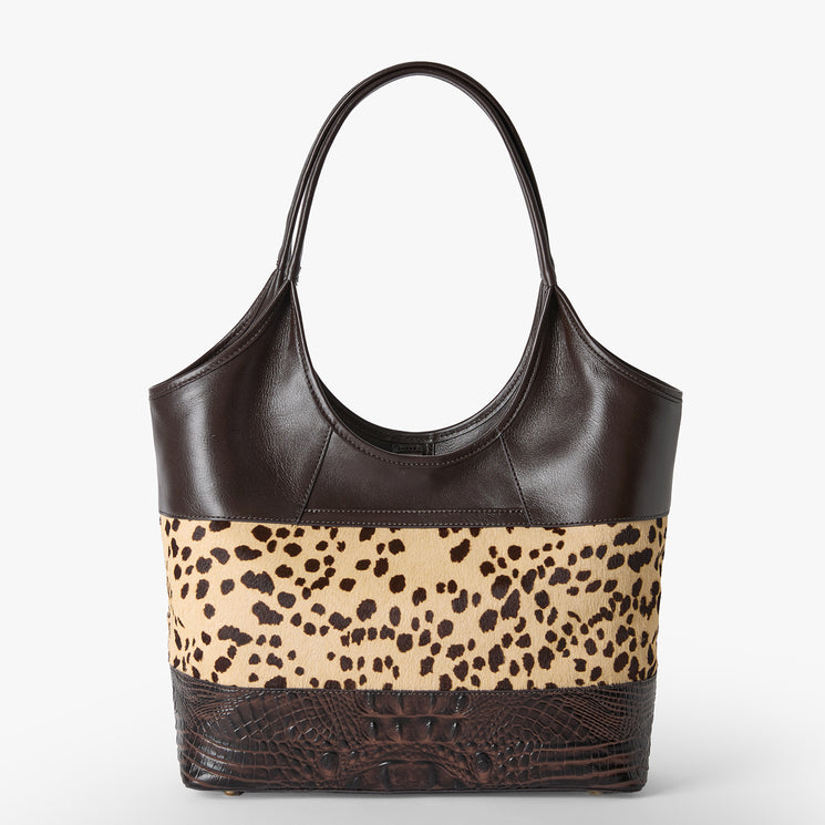 Brown Melora tote bag with leopard print panel on a white background. Back view.
