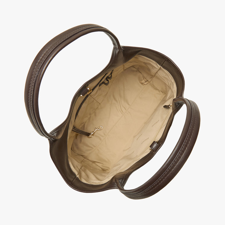 Brown Melora tote bag with leopard print panel on a white background. Open top view.