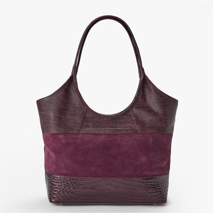 A color-blocked hobo shoulder bag featuring textured faux-croc leather on the top and bottom panels, and a smooth burgundy suede-like middle band, shown against a plain white background.