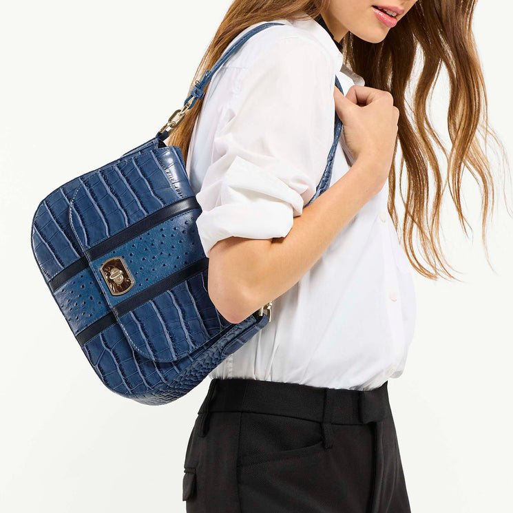 Model Wearing Retro Blue Kristin Shoulder Bag On Shoulder