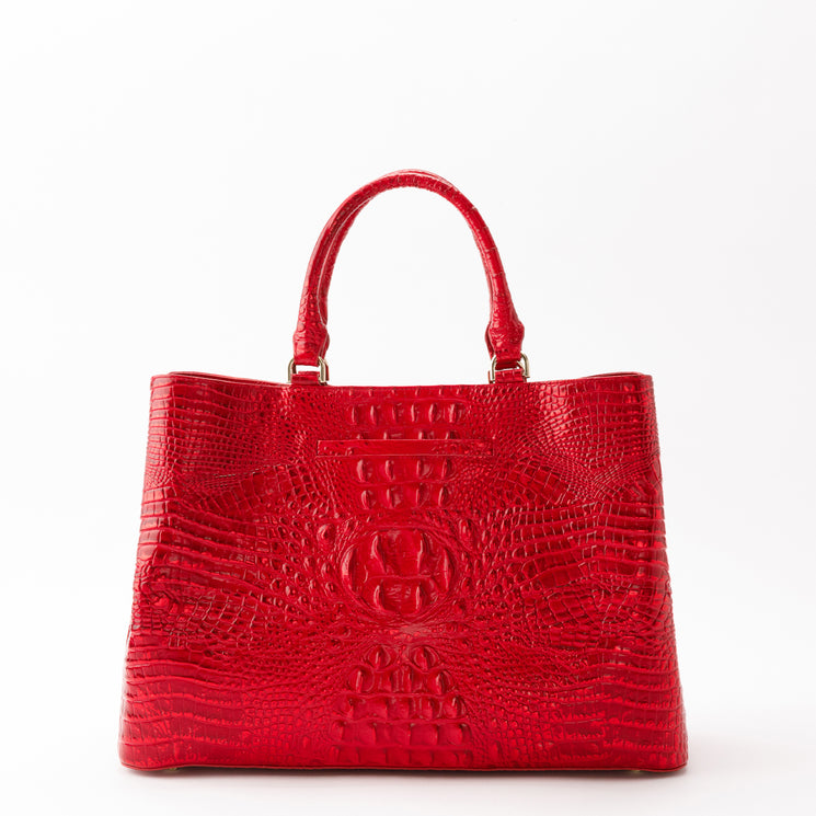 Brahmin Denise structured tote bag in red with an embossed textured pattern, dual top handles, and gold-tone hardware.