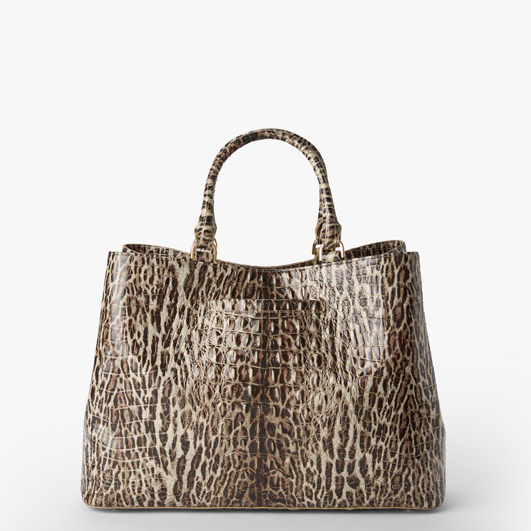 Leopard print tote bag on a white background. Denise back view.