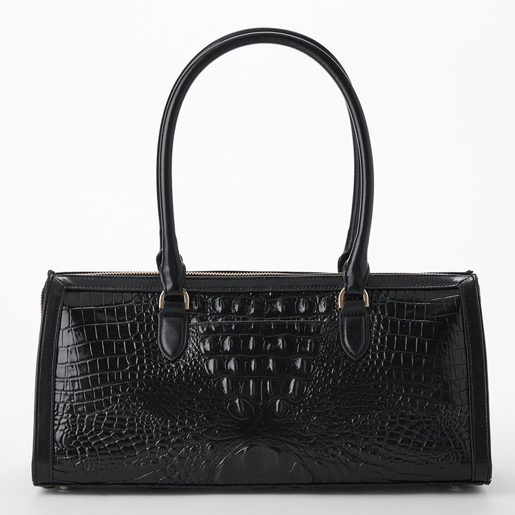 Brahmin handbag with leopard print and black and red leather accents on a white background. Sophia back view.