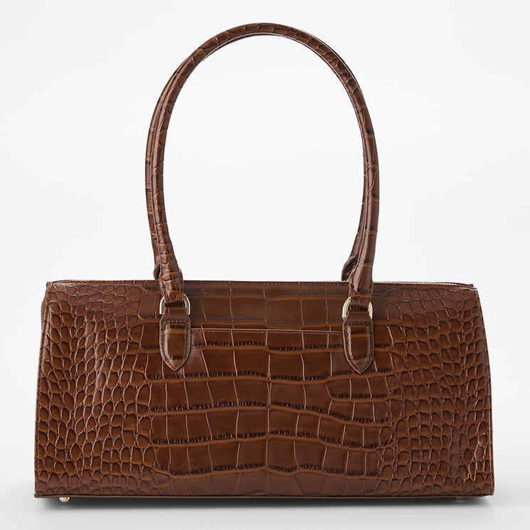 Brahmin brown embossed leather handbag with a rectangular silhouette, structured sides, gold-tone hardware, and two long rounded handles. Bag is displayed upright on a plain white background.