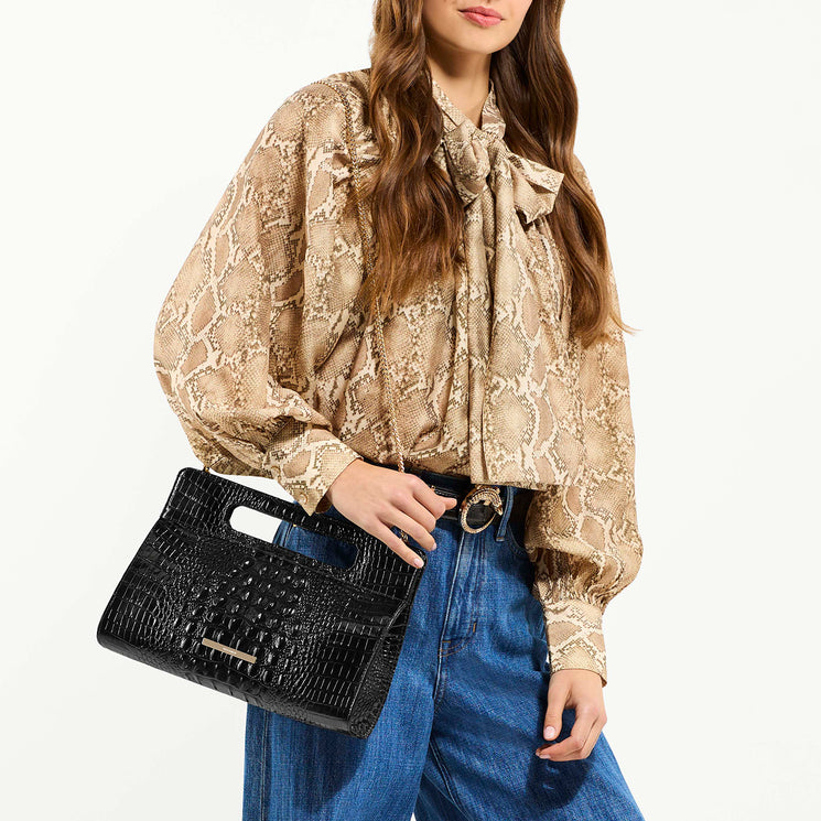 Model Wearing Black Melbourne Ravina on Shoulder