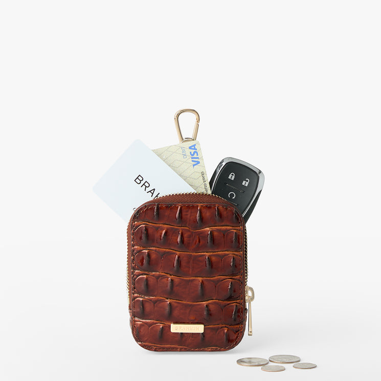 Pecan Melbourne Katelynn Pouch with keys, cards, and coins on a white background