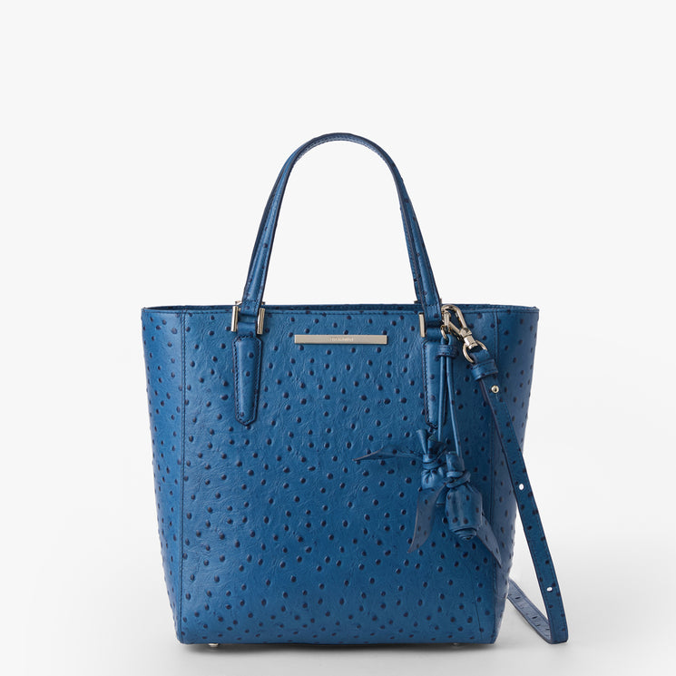 Blue Lady Ostrich Harrison Satchel Front View with Strap