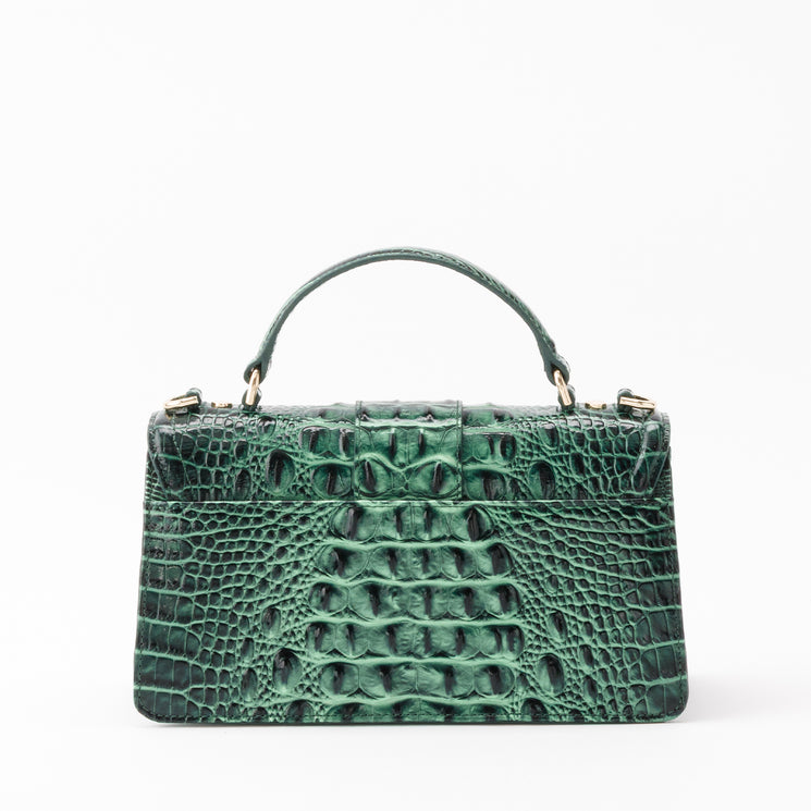Brahmin Genie satchel in green with a structured silhouette, top handle, and embossed textured finish.