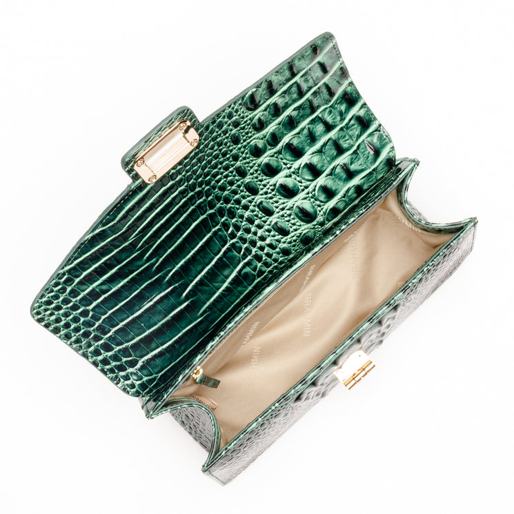 Open emerald green Genie satchel by Brahmin in a croc-embossed texture with gold-tone hardware.