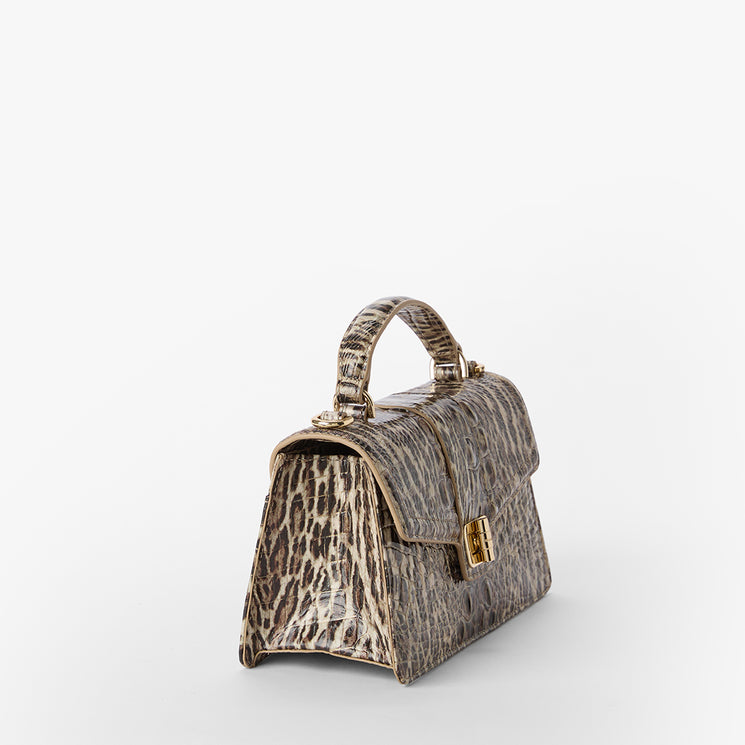 Handbag with leopard print pattern on a white background. Side view.