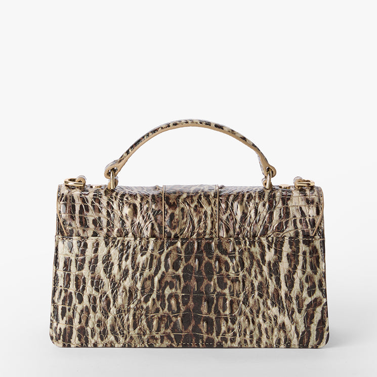 Leopard print handbag on a white background. Back view.