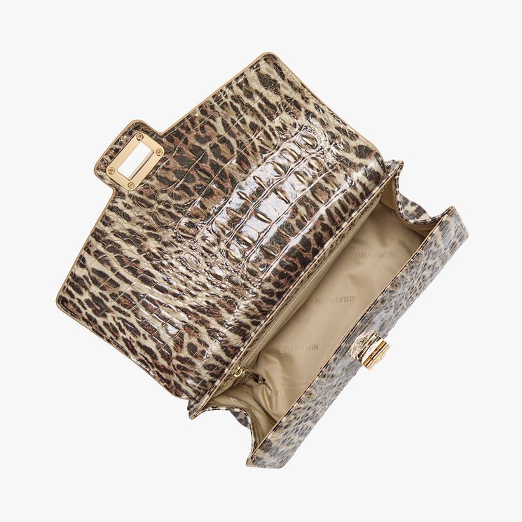 Leopard print handbag with gold accents on a white background. Open top view.