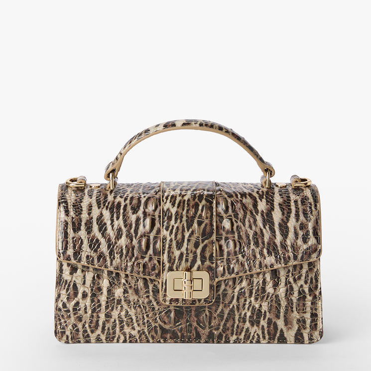 Leopard print handbag with gold accents on a white background. Front view without strap.