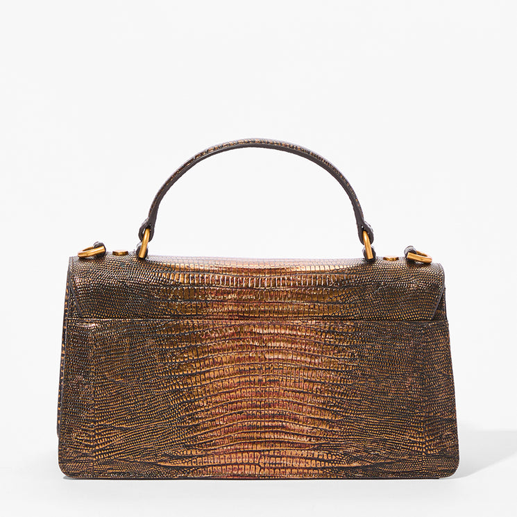 A structured handbag with a metallic bronze and brown textured python skin pattern, featuring a top handle and gold-tone hardware, photographed against a clean white background.