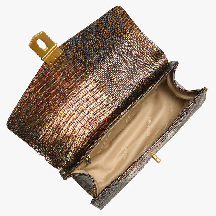 A metallic bronze textured clutch bag with a gold-tone clasp, shown open to reveal a beige satin-lined interior on a white background.