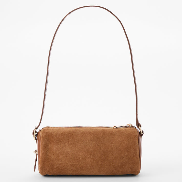 A brown suede shoulder bag with a matching adjustable shoulder strap and gold-tone hardware, shown against a plain white background.