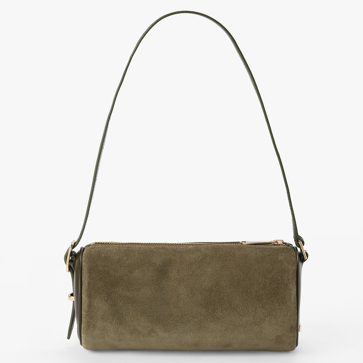 An olive green suede shoulder bag with a matching leather strap and gold-tone hardware, shown against a plain white background.