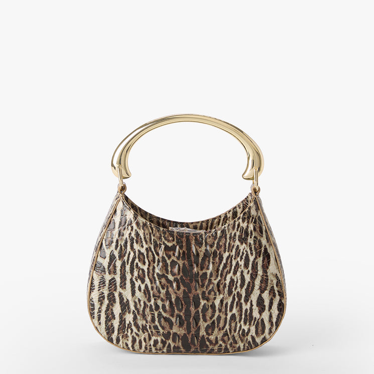 Leopard print handbag on a white background. Brielle back view.