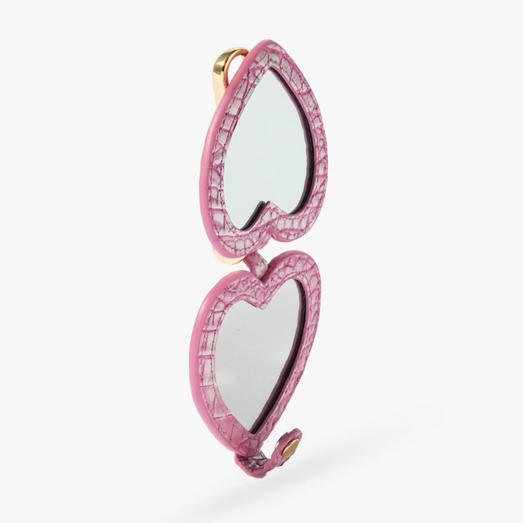 Brahmin compact mirror featuring two heart-shaped mirrors in a pink textured case, displayed open and upright against a white background.