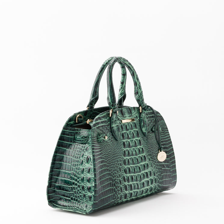 Brahmin Angelina satchel in green with a structured silhouette, top handles, and a textured, embossed finish.