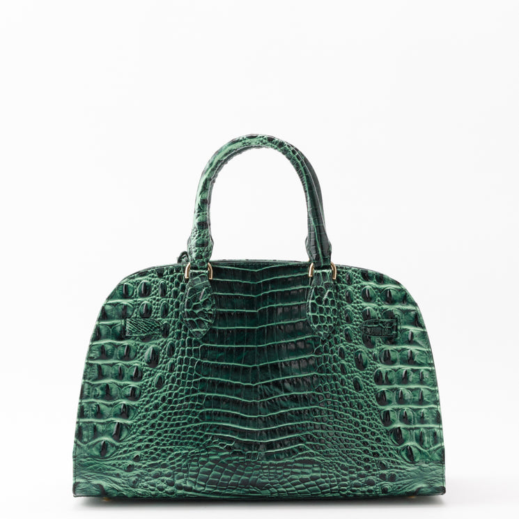 BRAHMIN Angelina dome satchel in dark green with a textured croc-embossed pattern, featuring two top handles.