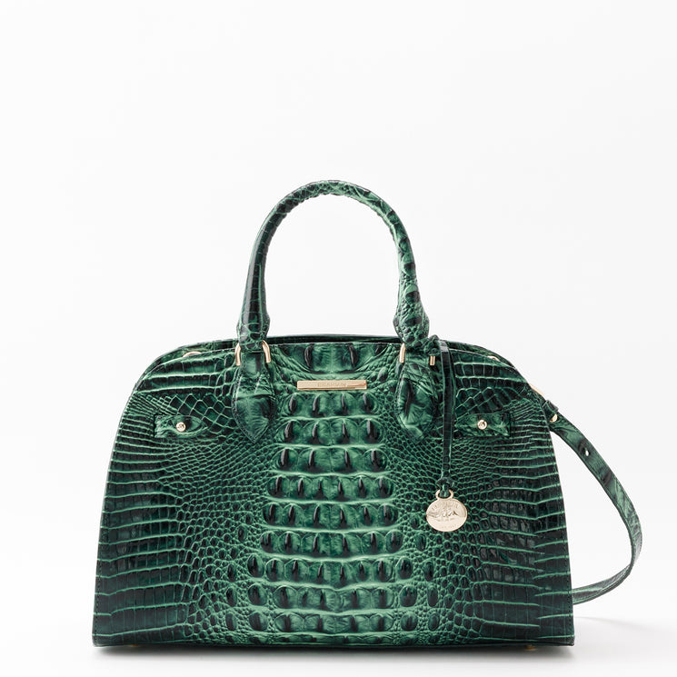 Forest green BRAHMIN Angelina satchel with a textured, embossed pattern and gold-tone hardware.