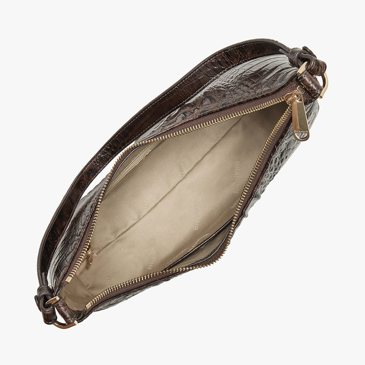 Brahmin brown handbag, top view, open with a beige fabric lining, gold zipper hardware, and spacious structured interior. Features subtle textured finish; perfect for shoulder or arm carry.