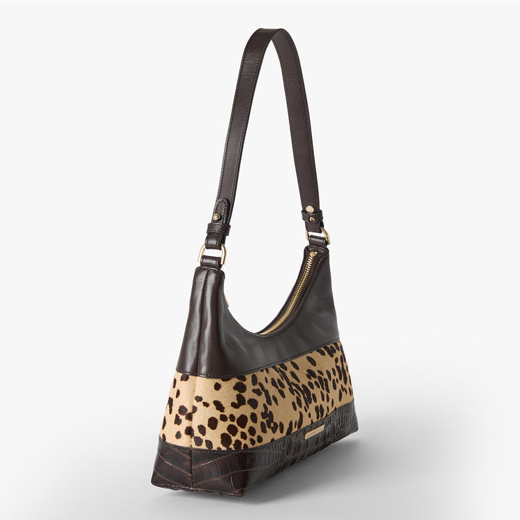 Brown Olivia shoulder bag with leopard print panel on a white background. Side view.