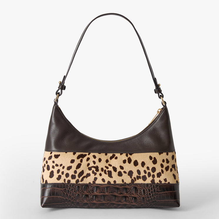 Brown Olivia shoulder bag with leopard print panel on a white background. Back view.