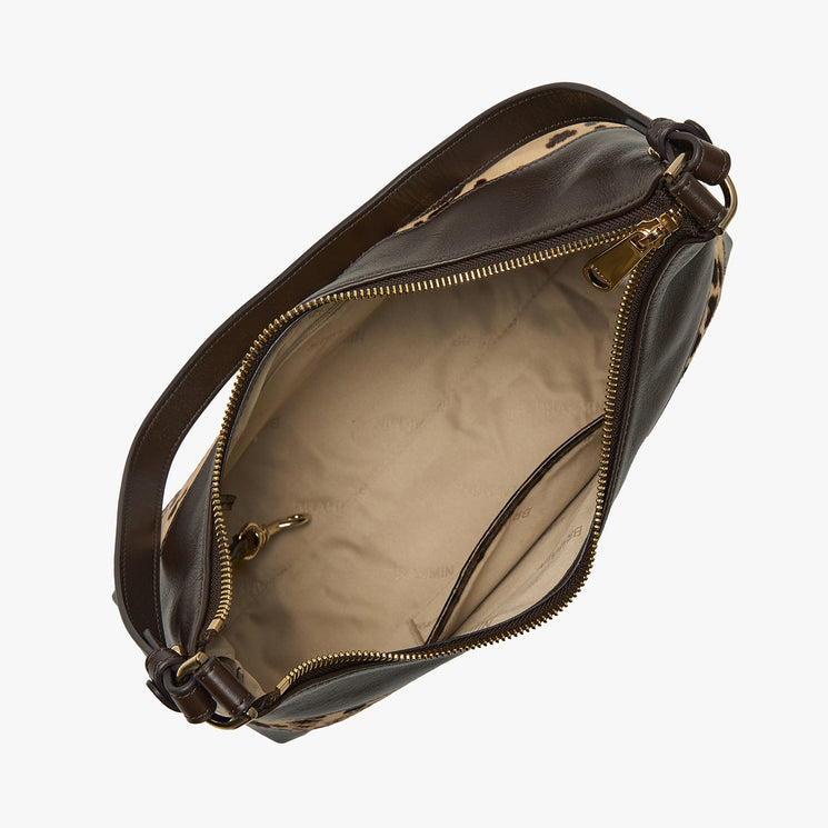 Brown Olivia shoulder bag with leopard print panel on a white background. Open top view.