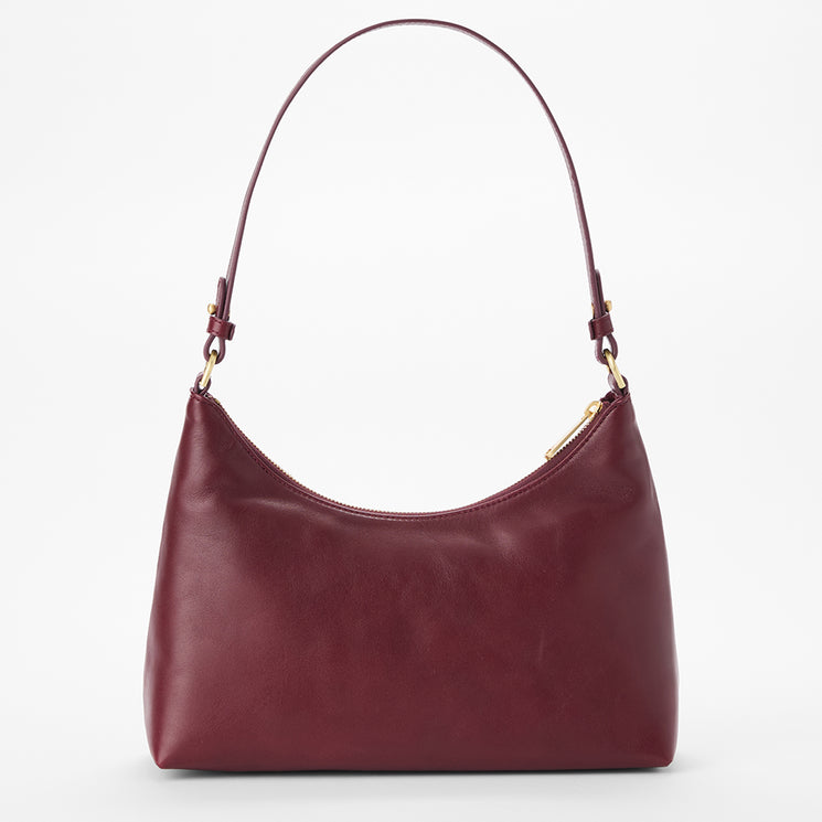 Brahmin maroon leather shoulder bag with a single strap, gold-tone hardware, and zip closure. Features a smooth texture and structured silhouette. Displayed on a plain white background, showing front and top views.