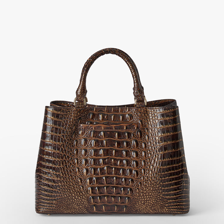 A brown crocodile-embossed leather handbag with dual top handles, photographed against a clean white background. Back view.