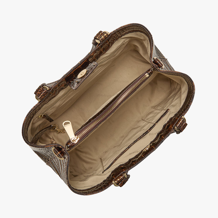 An overhead view of an open handbag showing its interior. The exterior has a textured, metallic brown and bronze snakeskin pattern, while the interior is lined with a beige fabric.