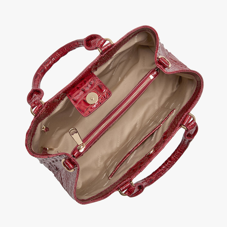 Volcanic Red Melbourne croc textured handbag on a light gray background. Small Denise open top view.