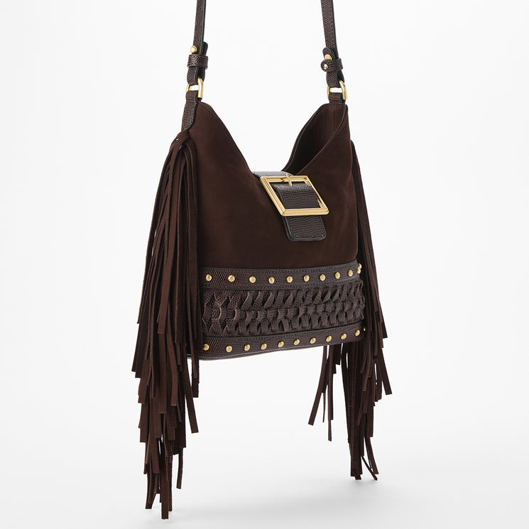 Brown suede handbag with fringes and gold accents on a white background. Small Gwynne side view.